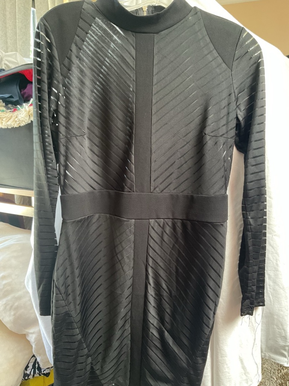 IRIS STRECHY   MINI DRESS Black Textured Long Sleeve Bodycon Dress